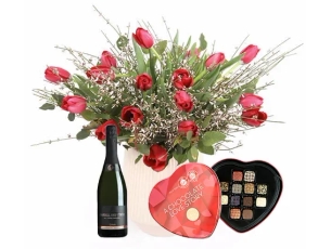 Red Tulips, Cava bottle & love Choholate