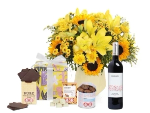 yellow bouquet, chocolate & red wine