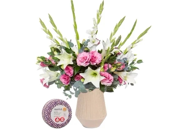 white & pink bouquet plus dark chocolate