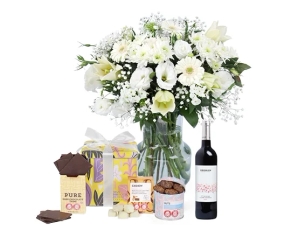 Ophri Bouquet in shades of white comes with red wine and chocolates