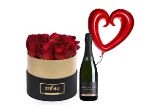 red roses in black & gold box, Cave bottle & love Balloon