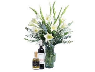 Rom Bouquet in shades of white, comes with red wine and jerusalem olive oil